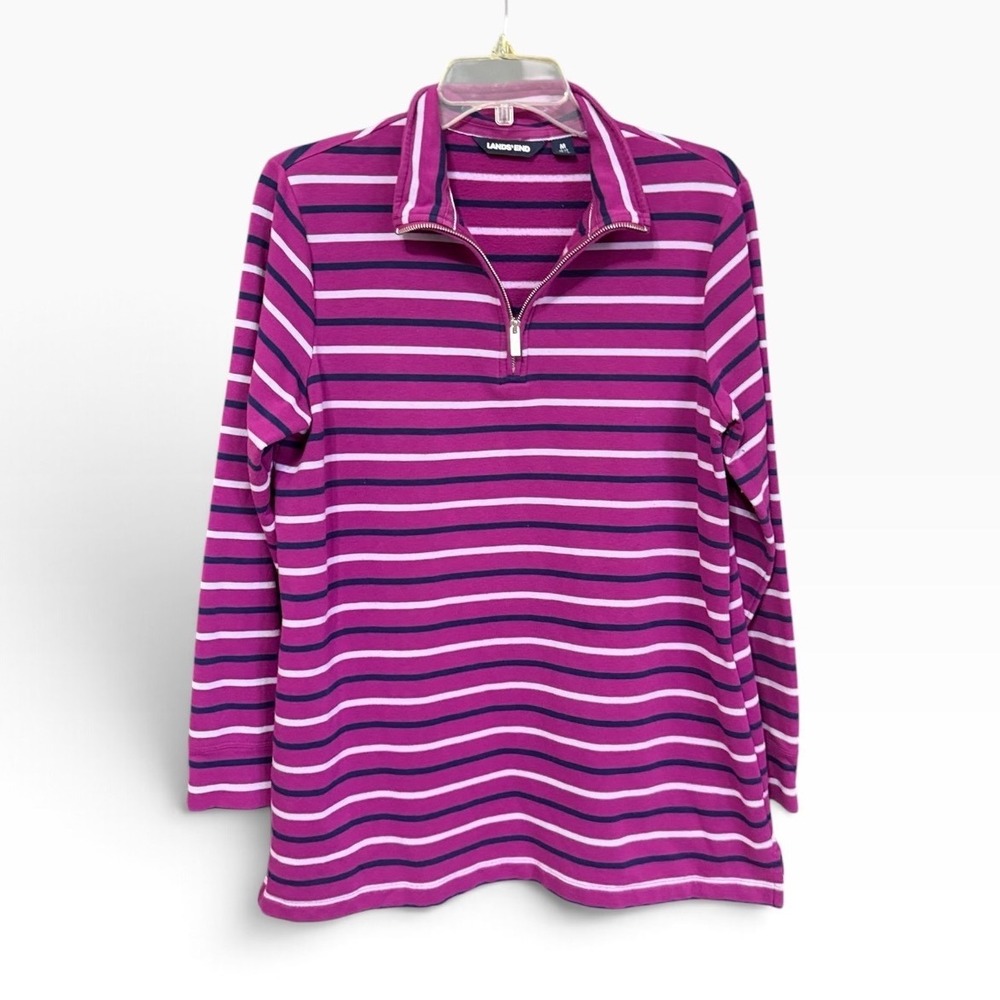 Lands End Quarter Zip Pullover Womens M 10-12 Magenta Striped Pocket Sweatshirt